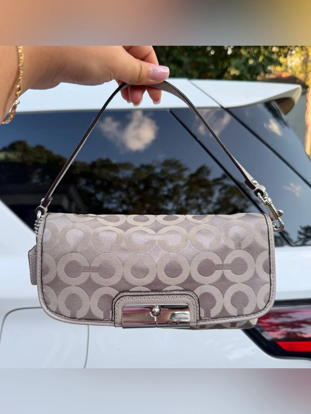Coach Taupe Signature Jacquard Shoulder Bag with Beaded Strap Accent